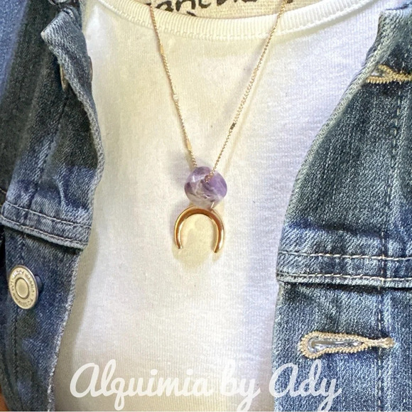 Amethyst donut half moon charms gold dainty 18” necklace /maximalist - Picture 2 of 6